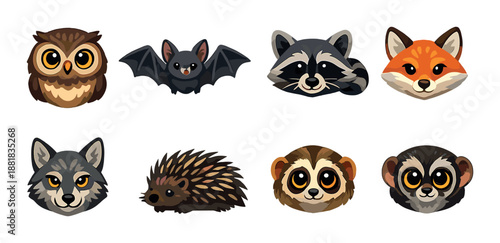 Cute animal faces: owl, bat, raccoon, fox, wolf, porcupine, lemur
