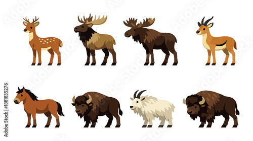 Set of eight stylized north american wildlife animals on gradient background