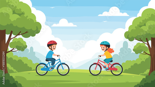 Happy children riding bicycles together in a beautiful green park on a sunny day with blue sky and white clouds.