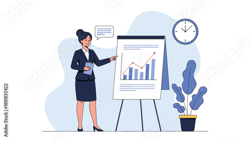 Confident businesswoman giving a professional presentation with a growth chart on a flipchart in a modern office space.