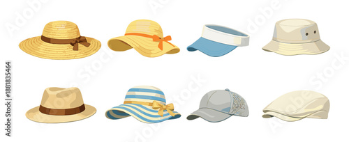 Collection of stylish hats displayed on gradient background