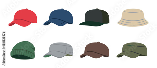 Various colored hats including caps and beanies