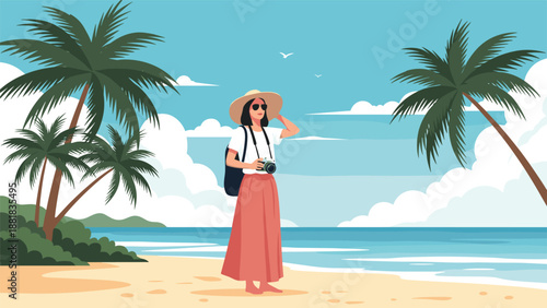 Woman traveler with a camera and hat standing on a white sand beach surrounded by tropical palm trees and blue ocean.