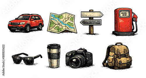 Adventure travel essentials: car, map, signpost, gas pump, sunglasses, coffee, camera, backpack