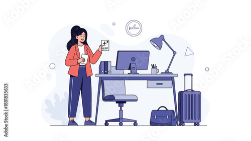 Businesswoman in her office holding a travel passport and boarding pass next to her luggage ready for a business trip.