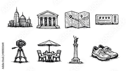 Sketches of travel icons with landmark, map, camera, and footwear