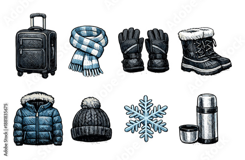 Winter travel essentials: luggage, warm clothing, snowflake, thermos