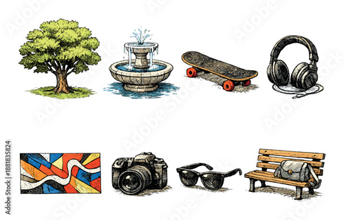 Colorful doodle illustrations of park items and accessories