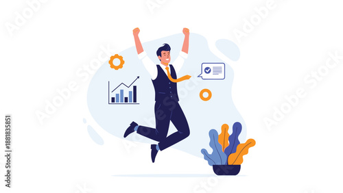 Excited businessman jumping for joy to celebrate professional success with business growth charts and gear icons.