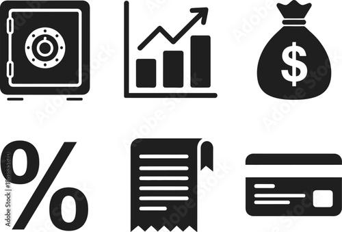 Financial Icons Set Safe, Graph, Money Bag, Percentage, Receipt, Credit Card