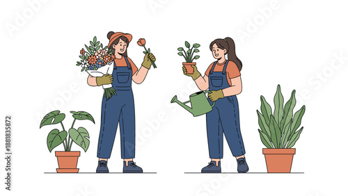 Two happy female gardeners in blue overalls working together to care for indoor potted plants and a flower bouquet.