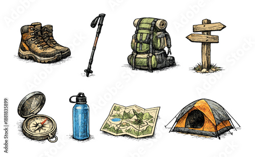 Outdoor adventure essentials: hiking gear with boots, backpack, and compass