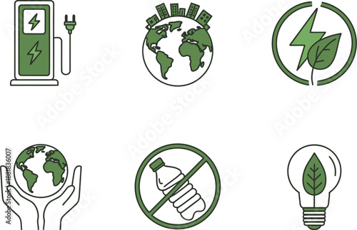 Modern flat outline icons depicting environmental sustainability and green energy solutions