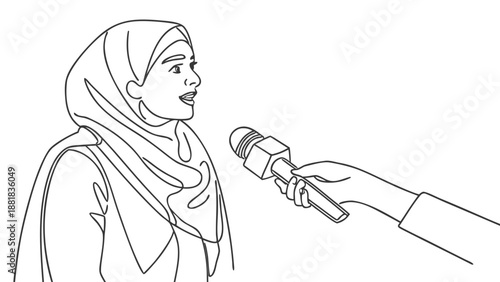 Muslim woman wearing hijab speaks into a microphone during an interview, expressing herself with passion.