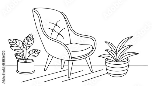 Cozy mid-century modern armchair with potted plants in a minimalist room