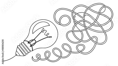 Lightbulb with tangled lines representing complex thoughts and innovation