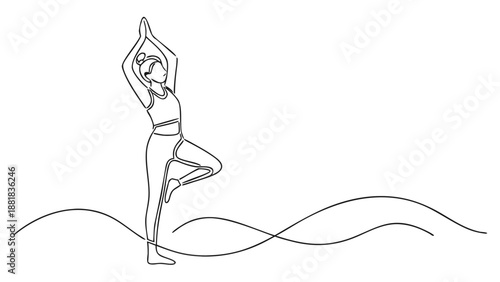 Graceful woman practicing tree pose in serene continuous line art
