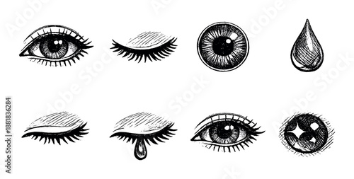 Sketch collection of eyes and tears: artistic representation of human emotions