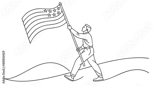 Patriotic figure proudly carries a star-spangled banner with determination and hope.