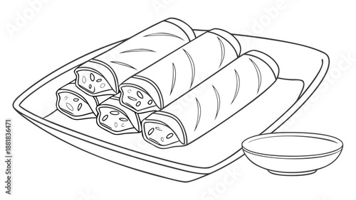 Crispy spring rolls served with dipping sauce on a plate, presented as a line art illustration.
