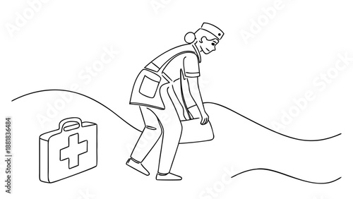 Healthcare professional carries heavy medical bag, looking weary outdoors