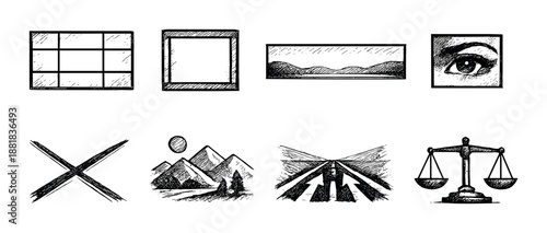 Hand-drawn art icons: eye, landscape, mountains, scale of justice, grid, frame