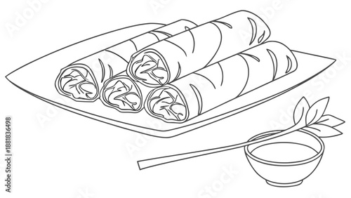 Crispy spring rolls served with dipping sauce on a plate, a delicious appetizer.
