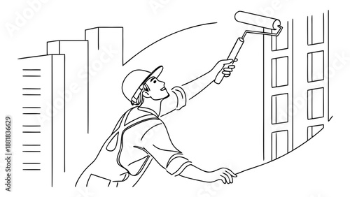 Skilled worker meticulously painting the exterior of a modern building with a roller.