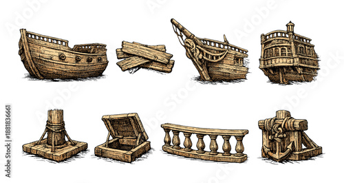 Set of vintage nautical objects and wooden ship elements