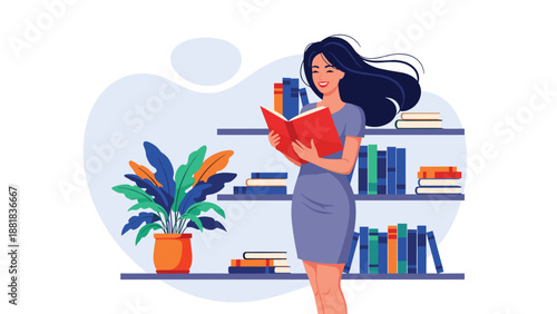 Happy young woman reading a book in front of a large bookshelf filled with various colorful educational volumes.