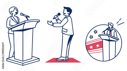 Diverse speakers engaging audiences at podiums, representing public speaking and debate.