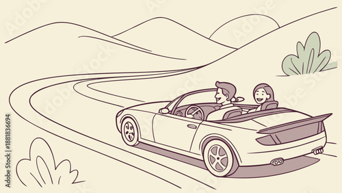 Joyful couple enjoying a scenic drive in a convertible on a winding road