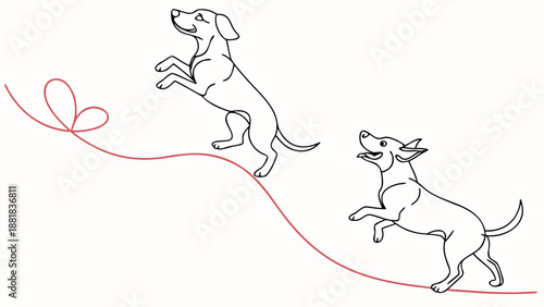 Playful dogs leaping and chasing a red string in a simple line drawing.