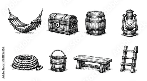 Hand-drawn nautical objects collection - hammock, chest, barrel, lantern, rope, bucket, bench, ladder