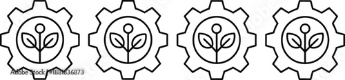 Set of line art icons symbolizing sustainable technology, green industry, and eco-friendly development concepts
