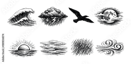 Hand-drawn weather icons illustrating waves, storms, birds, sun, and moon