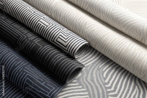 Close-up shot displaying neatly rolled fabric bolts with diverse geometric and abstract patterns