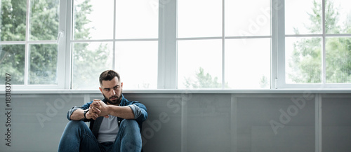 Φωτογραφία Man feeling sad, tired and worried, suffering depression in mental health, problems and broken heart