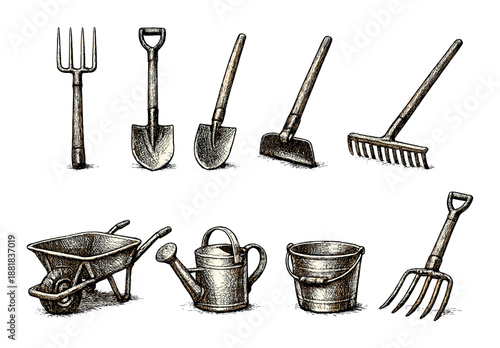 Antique gardening tools collection: fork, shovel, trowel, hoe, rake, wheelbarrow, watering can, bucket