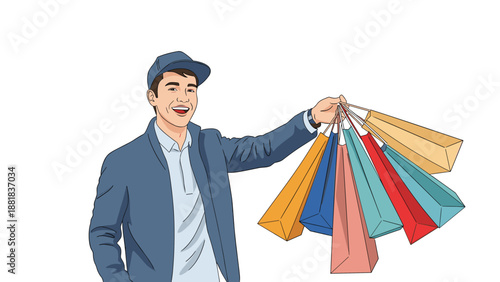 Happy smiling young man in casual clothes holds many colorful shopping bags after a successful shopping trip.