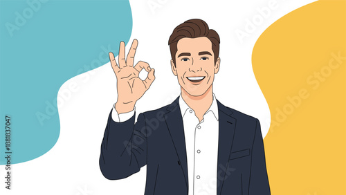 Confident professional businessman in elegant suit makes okay hand gesture to signify agreement and approval.