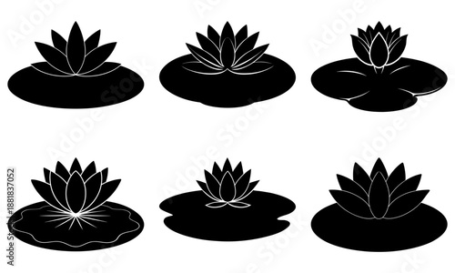 Six black lotus flower silhouettes on white background water lily
