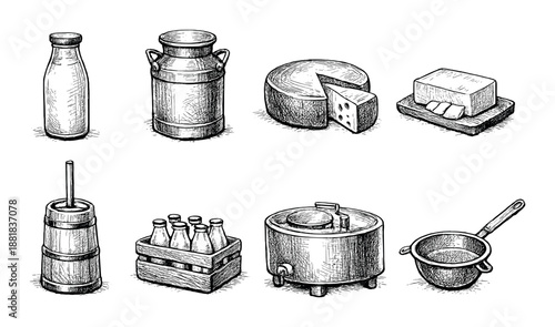 Vintage dairy equipment: butter churn, milk can, cheese wheel, and more