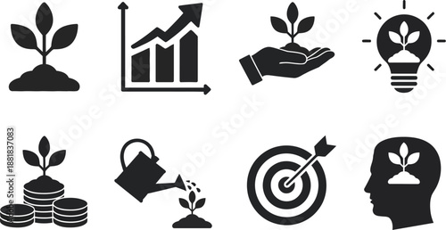 Growth and Investment Icons Planting, Money, and Ideas