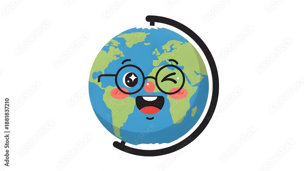 Fototapeta premium Cute cartoon globe character with glasses, happy earth planet mascot on stand, friendly world map illustration for education and school projects
