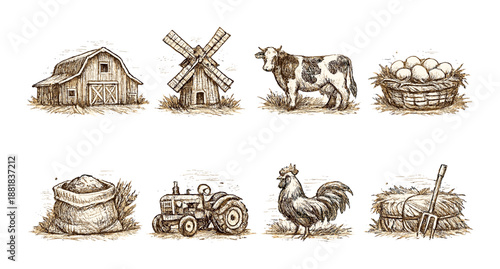 Rustic farm elements: barn, windmill, cow, eggs, grain, tractor, rooster, hay