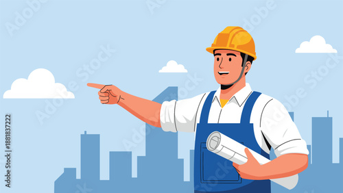 Professional engineer in hard hat points toward project site while holding rolled architectural blueprints.