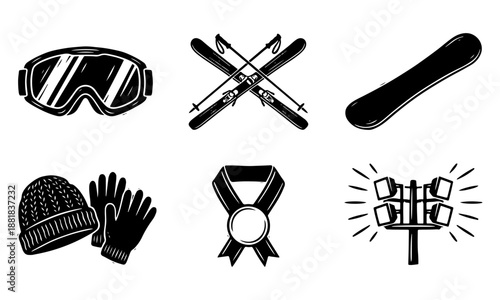 Winter Sports Equipment Black and White Hand Drawn Icon Collection