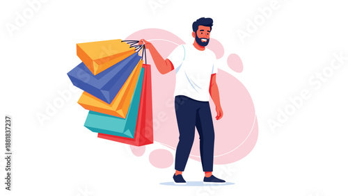 Happy bearded man carries numerous colorful shopping bags after a day of buying various gifts and clothes.