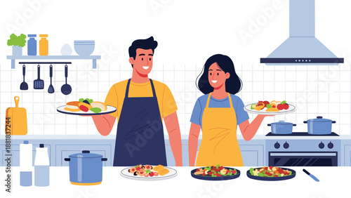 Happy smiling couple in aprons presents healthy home cooked meals on plates in a clean modern kitchen.